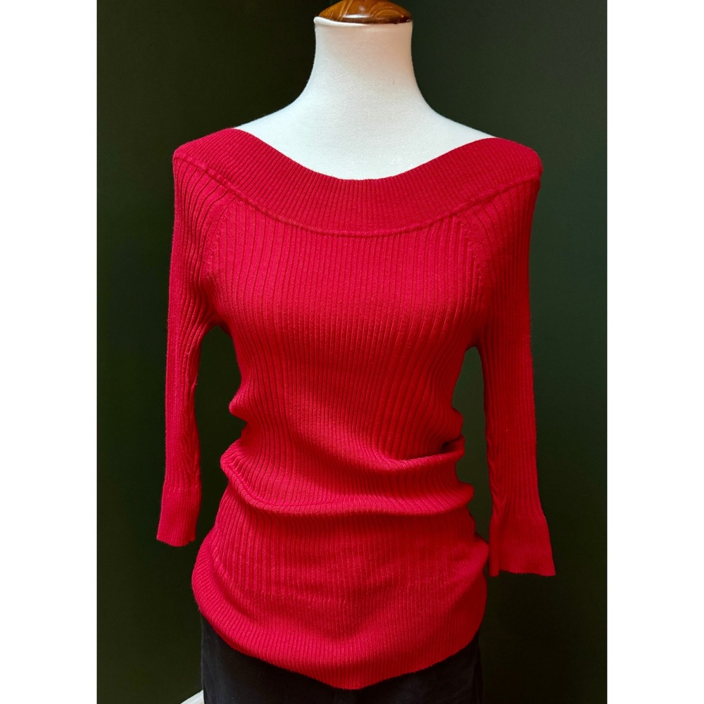 Y2K Hooked Up by I.O.I.‎ Red Ribbed Knit 3/4 Sleeve Fitted Top Women's M